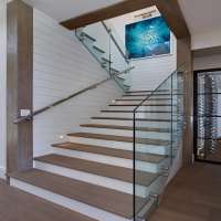 Modern Indoor Staircase with Wood Handrail Glass Glazing Balustrade Stainless Steel Handrail Glass Stand Glass Stair